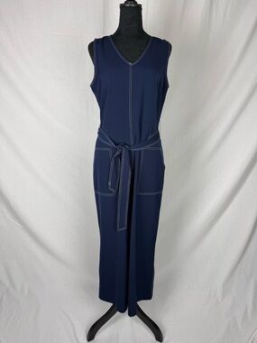Nine West Navy Jumpsuit Wide Leg Tie Waist Contrast Stitch Sleeveless